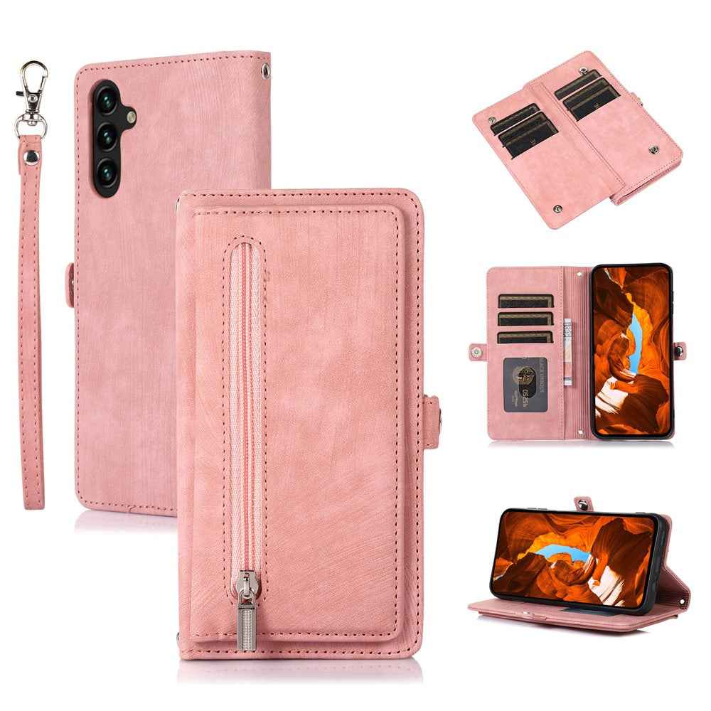 For Samsung Galaxy A57 5G Case Zipper Pocket 9 Card Slots PU Leather Phone Cover with Wrist Strap - Rose Gold
