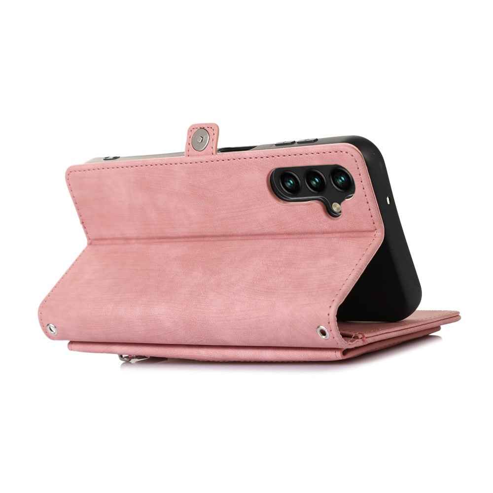 For Samsung Galaxy A57 5G Case Zipper Pocket 9 Card Slots PU Leather Phone Cover with Wrist Strap - Rose Gold