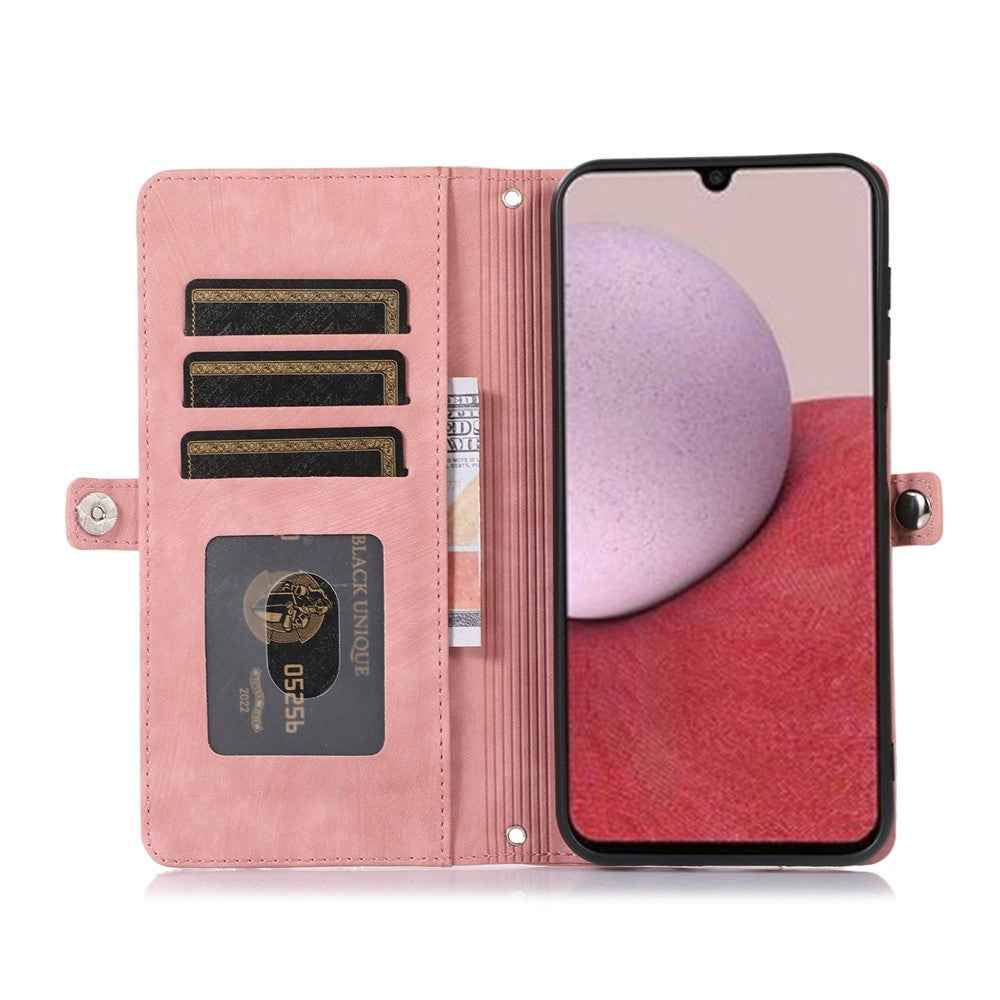 For Samsung Galaxy A57 5G Case Zipper Pocket 9 Card Slots PU Leather Phone Cover with Wrist Strap - Rose Gold