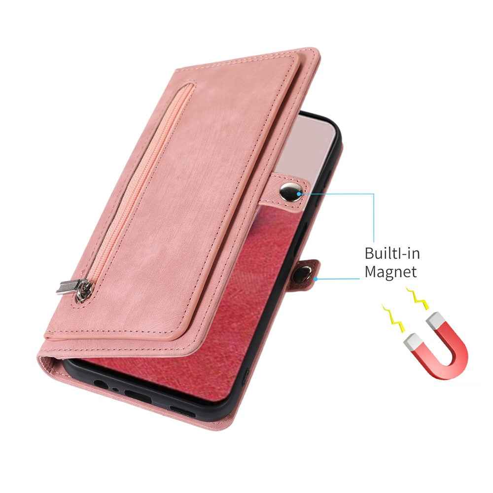 For Samsung Galaxy A57 5G Case Zipper Pocket 9 Card Slots PU Leather Phone Cover with Wrist Strap - Rose Gold