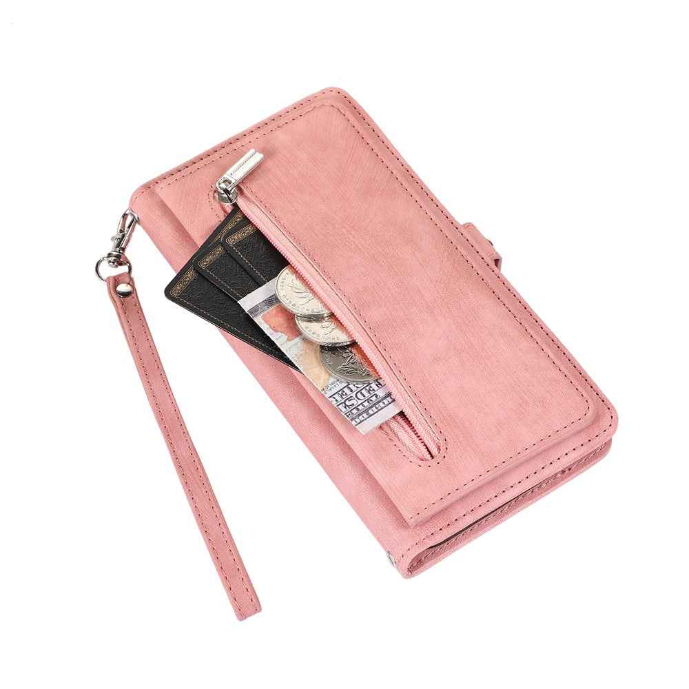 For Samsung Galaxy A57 5G Case Zipper Pocket 9 Card Slots PU Leather Phone Cover with Wrist Strap - Rose Gold