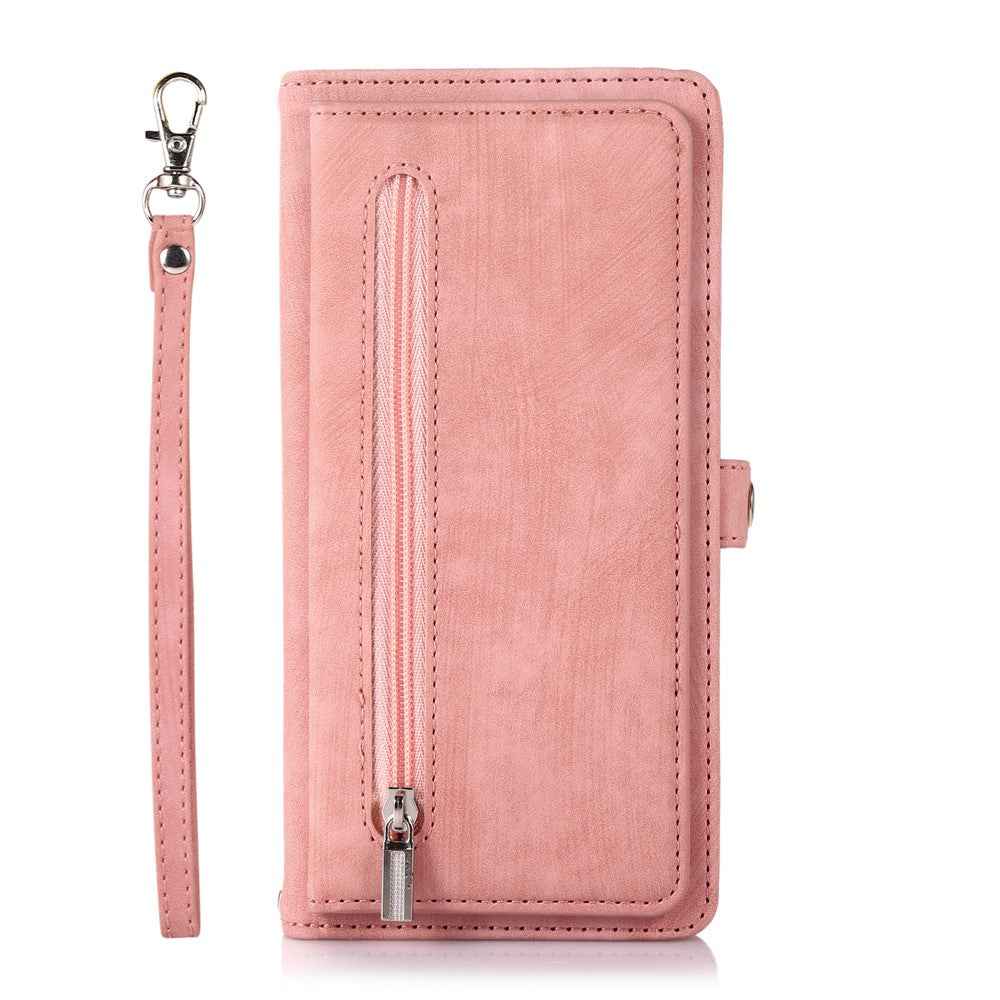 For Samsung Galaxy A57 5G Case Zipper Pocket 9 Card Slots PU Leather Phone Cover with Wrist Strap - Rose Gold