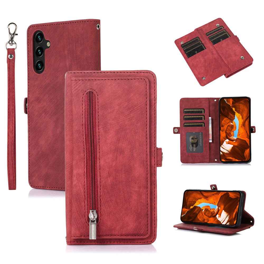 For Samsung Galaxy A57 5G Case Zipper Pocket 9 Card Slots PU Leather Phone Cover with Wrist Strap - Red