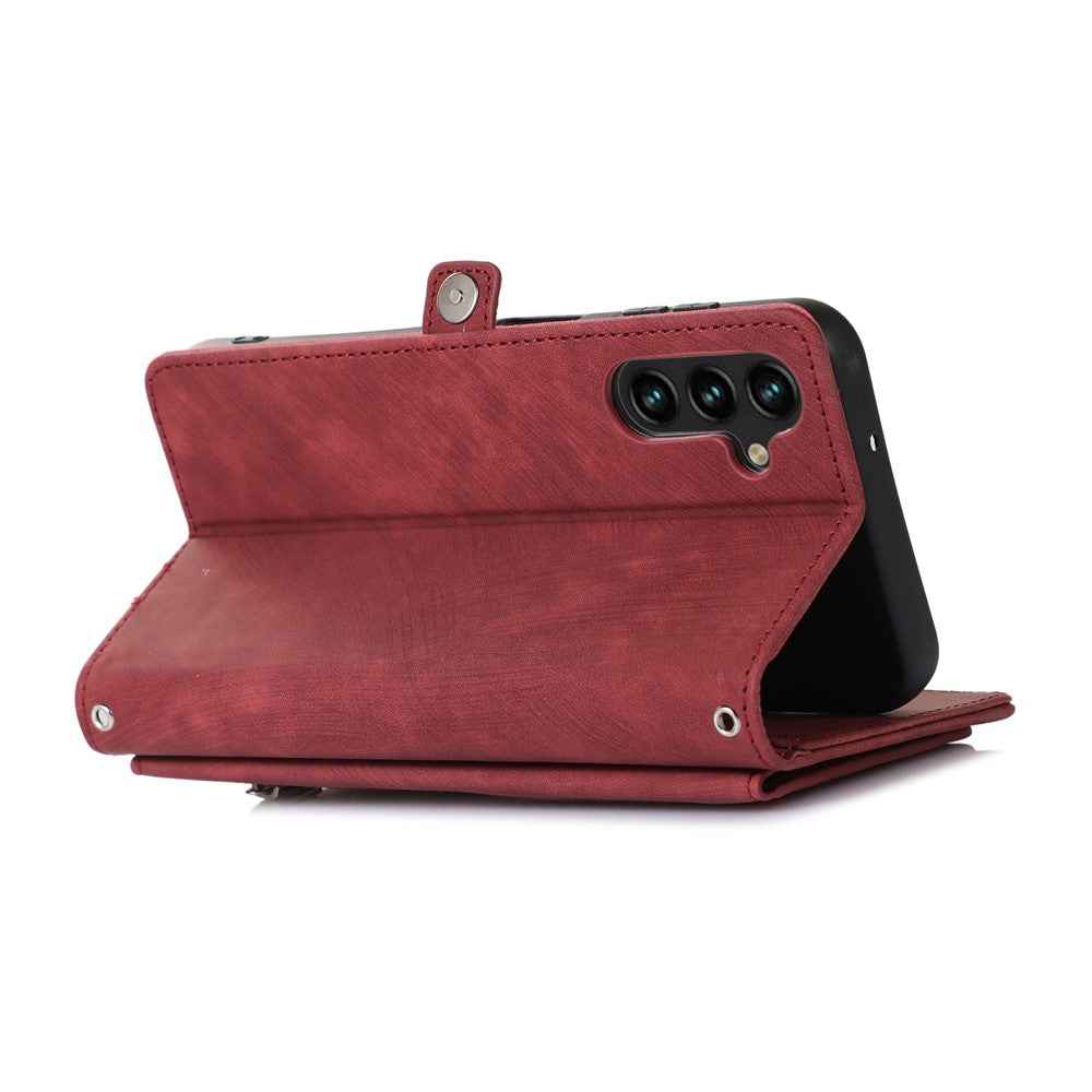 For Samsung Galaxy A57 5G Case Zipper Pocket 9 Card Slots PU Leather Phone Cover with Wrist Strap - Red