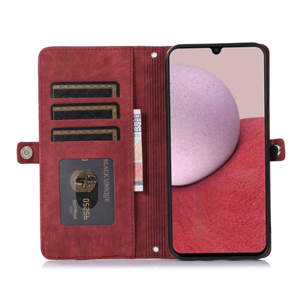 For Samsung Galaxy A57 5G Case Zipper Pocket 9 Card Slots PU Leather Phone Cover with Wrist Strap - Red
