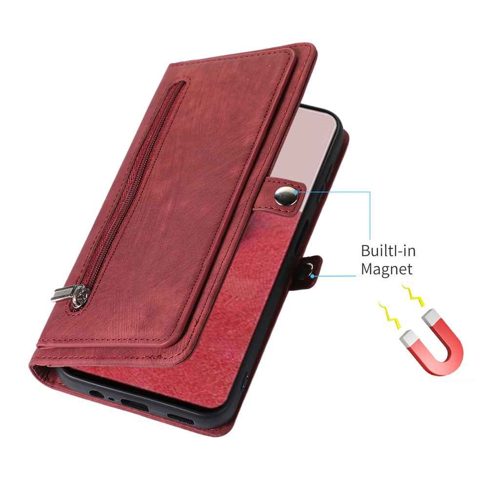 For Samsung Galaxy A57 5G Case Zipper Pocket 9 Card Slots PU Leather Phone Cover with Wrist Strap - Red