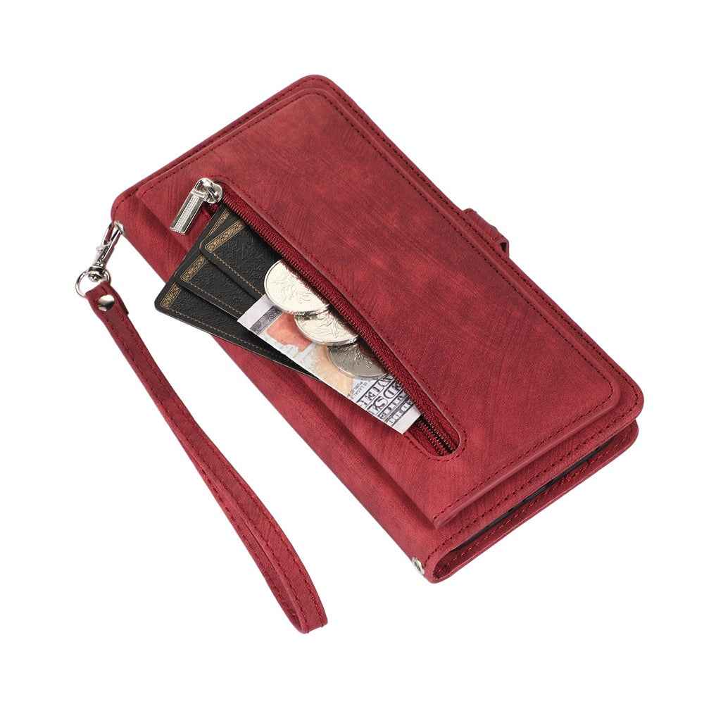 For Samsung Galaxy A57 5G Case Zipper Pocket 9 Card Slots PU Leather Phone Cover with Wrist Strap - Red
