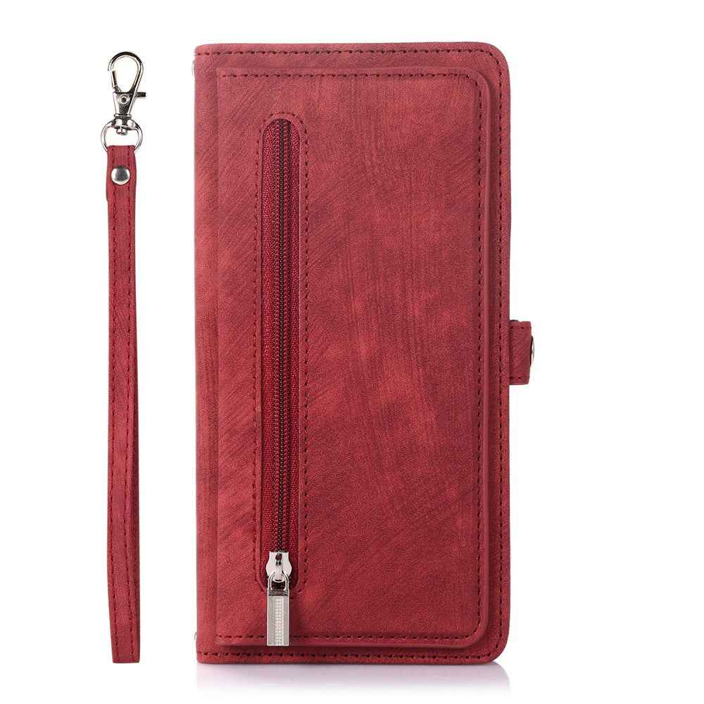 For Samsung Galaxy A57 5G Case Zipper Pocket 9 Card Slots PU Leather Phone Cover with Wrist Strap - Red