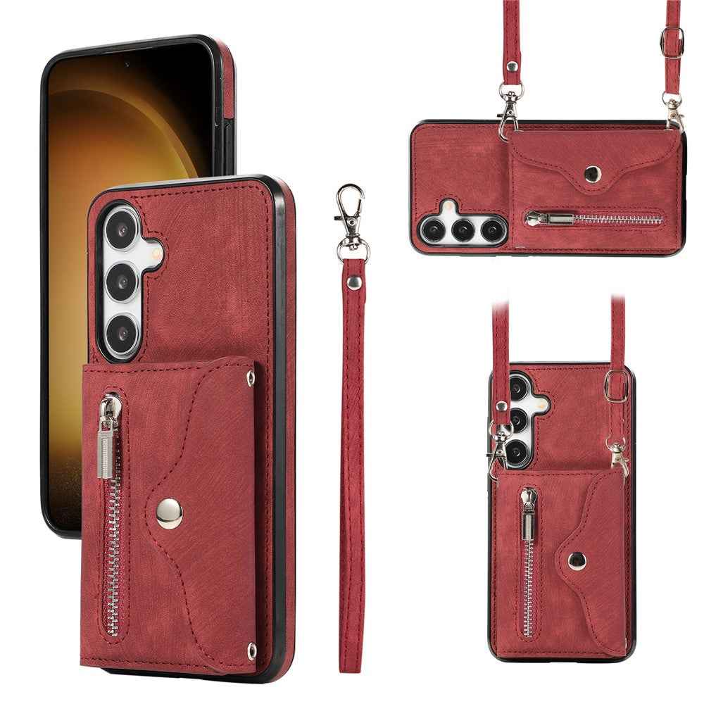 For Samsung Galaxy A57 5G Cell Phone Case PU Leather + TPU RFID Blocking Card Slots Cover with 2 Straps - Red