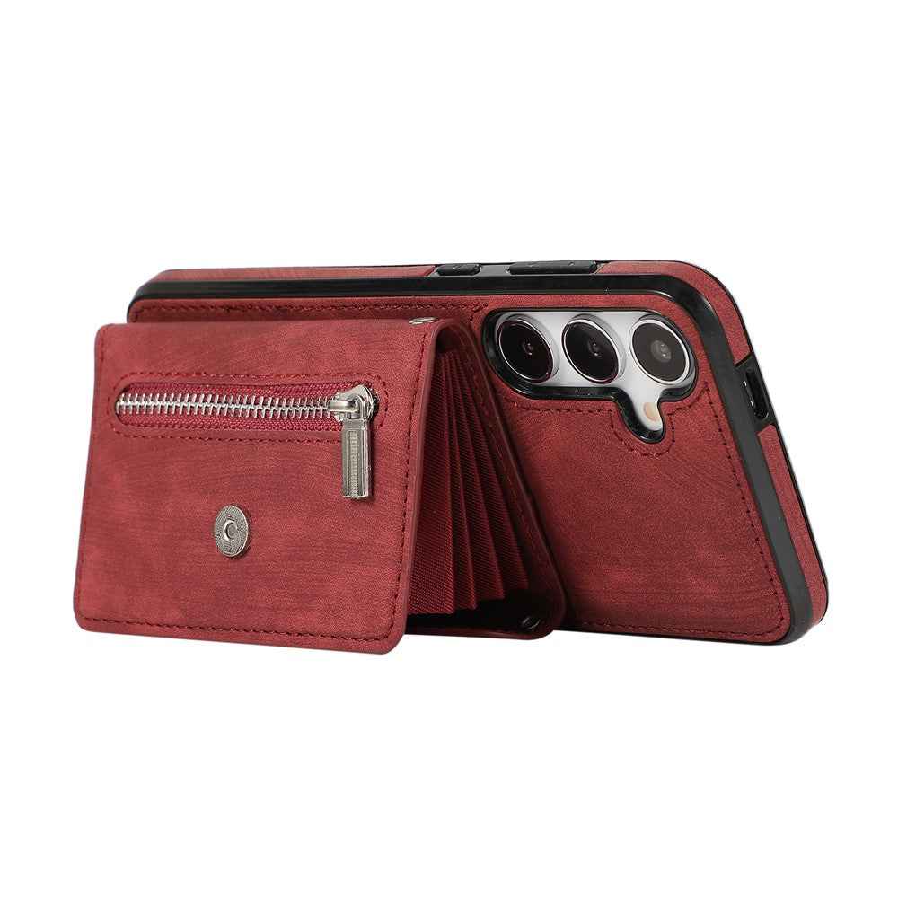 For Samsung Galaxy A57 5G Cell Phone Case PU Leather + TPU RFID Blocking Card Slots Cover with 2 Straps - Red