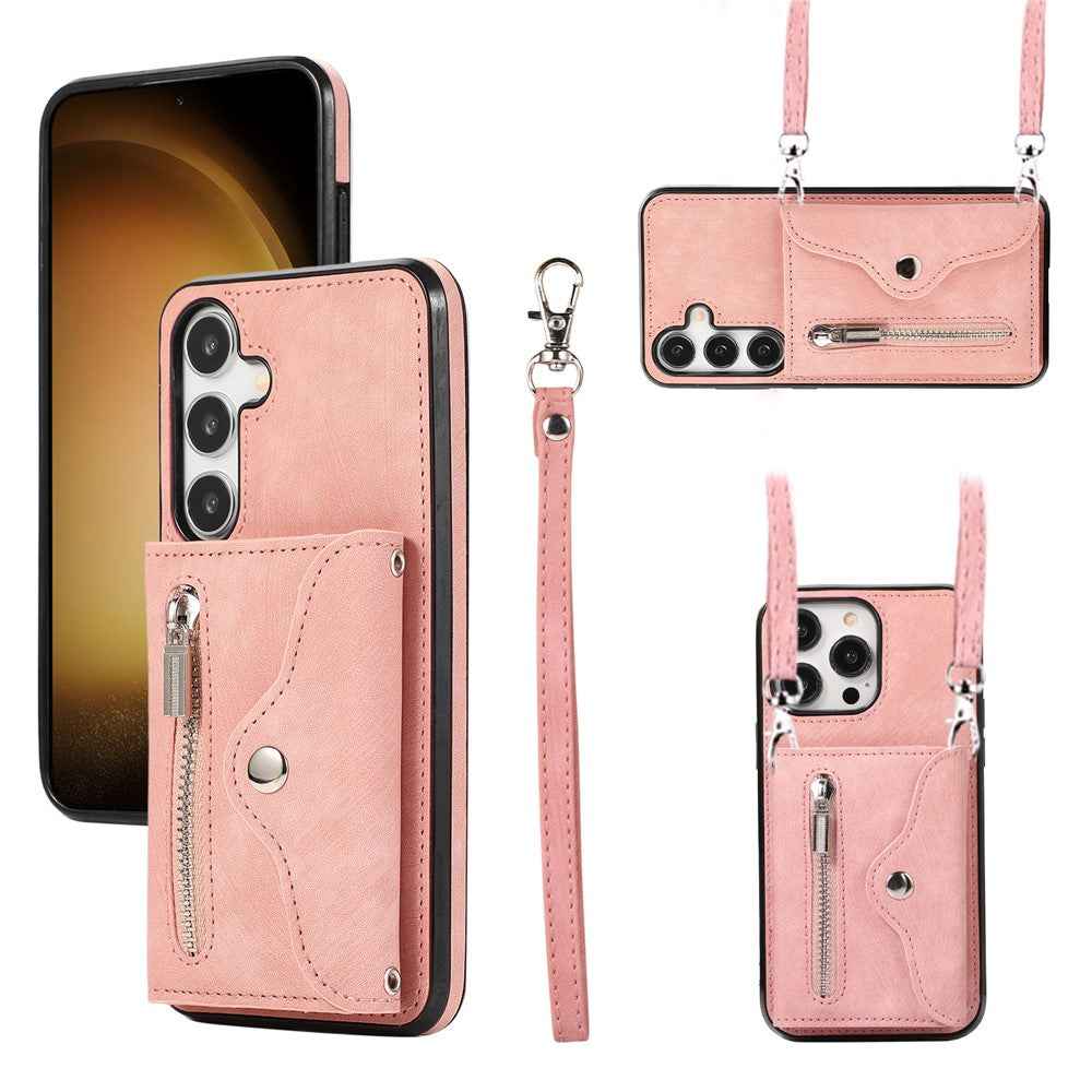 For Samsung Galaxy A57 5G Cell Phone Case PU Leather + TPU RFID Blocking Card Slots Cover with 2 Straps - Rose Gold