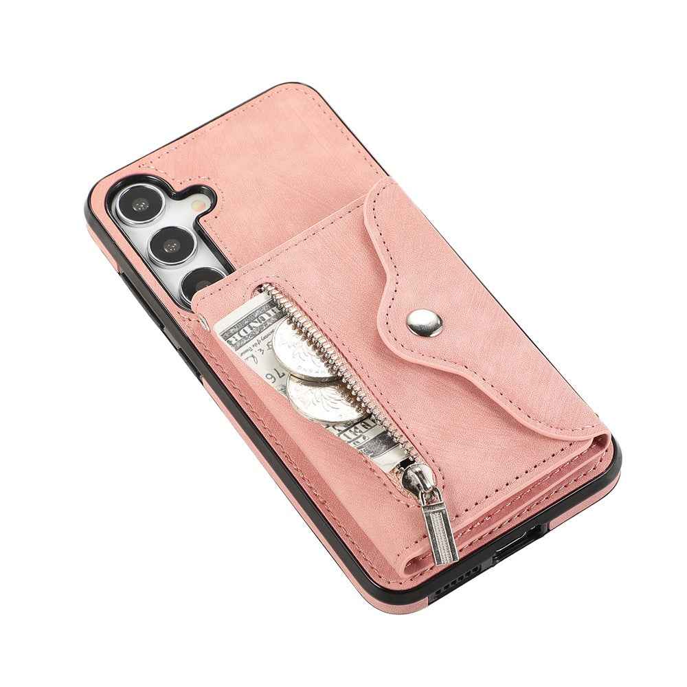 For Samsung Galaxy A57 5G Cell Phone Case PU Leather + TPU RFID Blocking Card Slots Cover with 2 Straps - Rose Gold