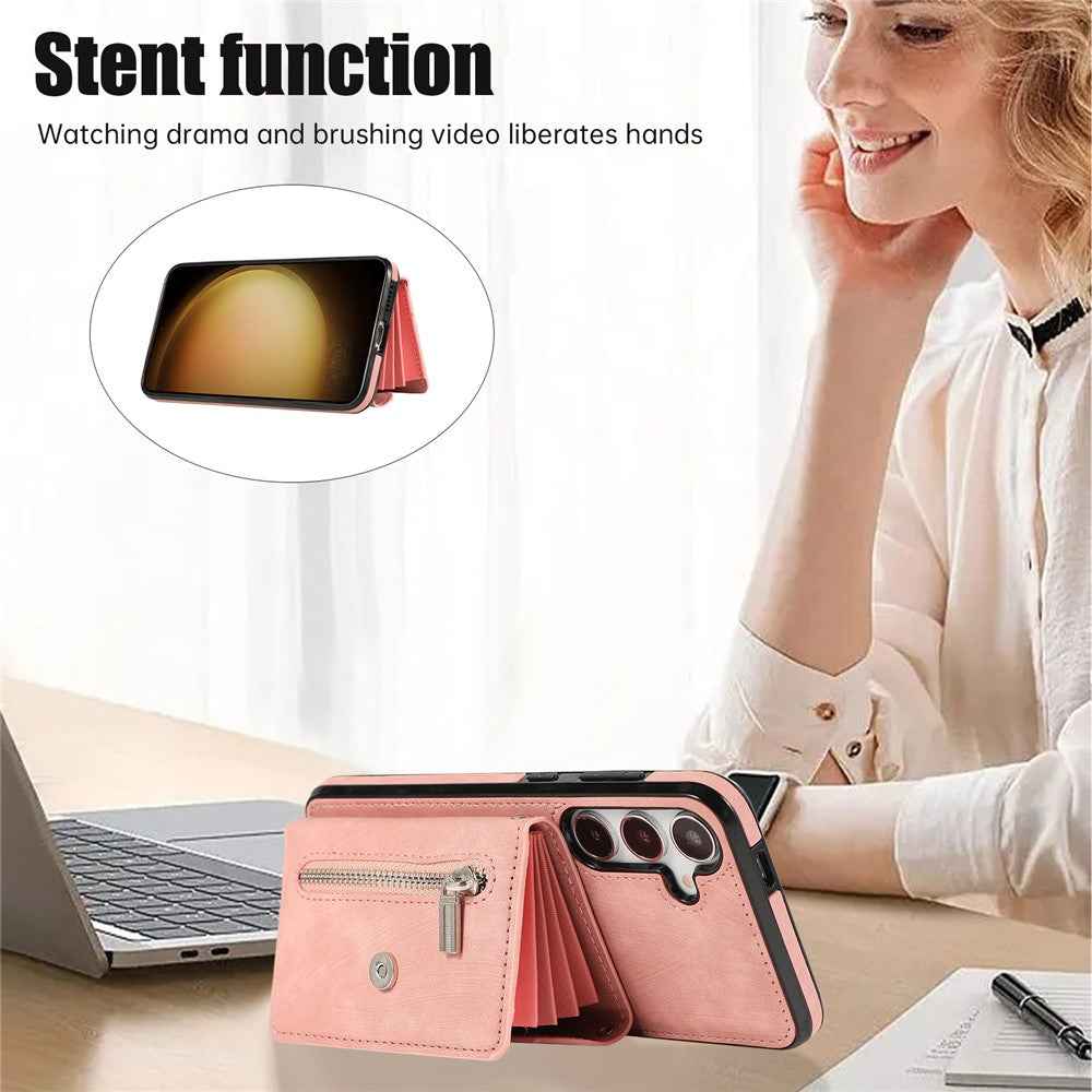 For Samsung Galaxy A57 5G Cell Phone Case PU Leather + TPU RFID Blocking Card Slots Cover with 2 Straps - Rose Gold
