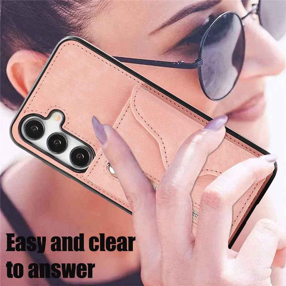 For Samsung Galaxy A57 5G Cell Phone Case PU Leather + TPU RFID Blocking Card Slots Cover with 2 Straps - Rose Gold