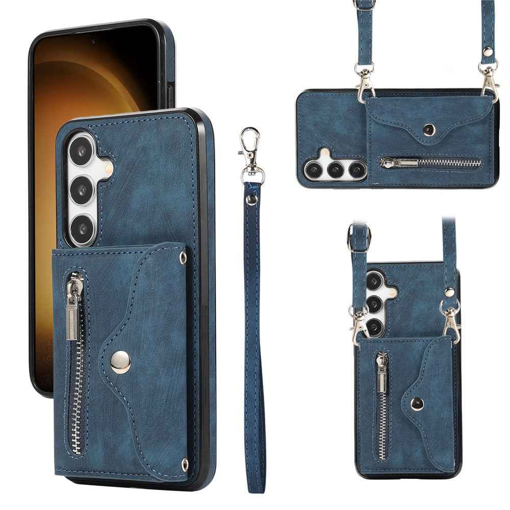 For Samsung Galaxy A57 5G Cell Phone Case PU Leather + TPU RFID Blocking Card Slots Cover with 2 Straps - Blue