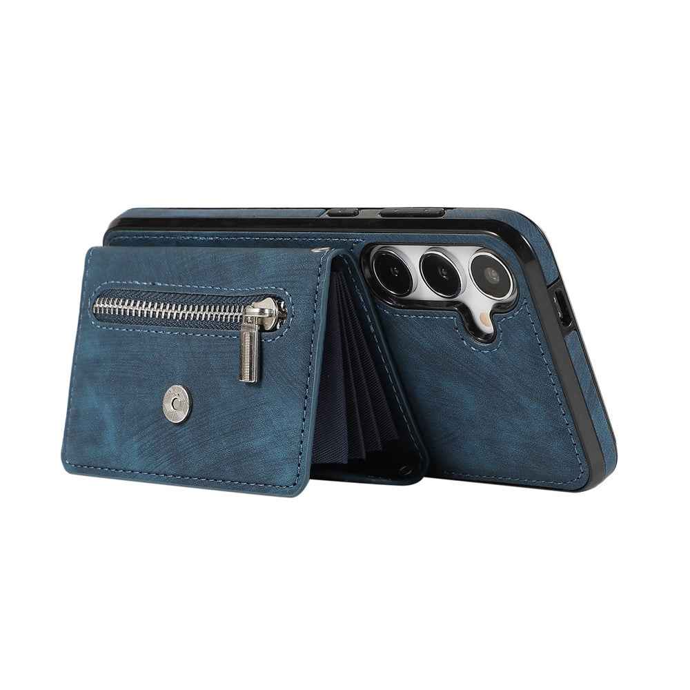 For Samsung Galaxy A57 5G Cell Phone Case PU Leather + TPU RFID Blocking Card Slots Cover with 2 Straps - Blue