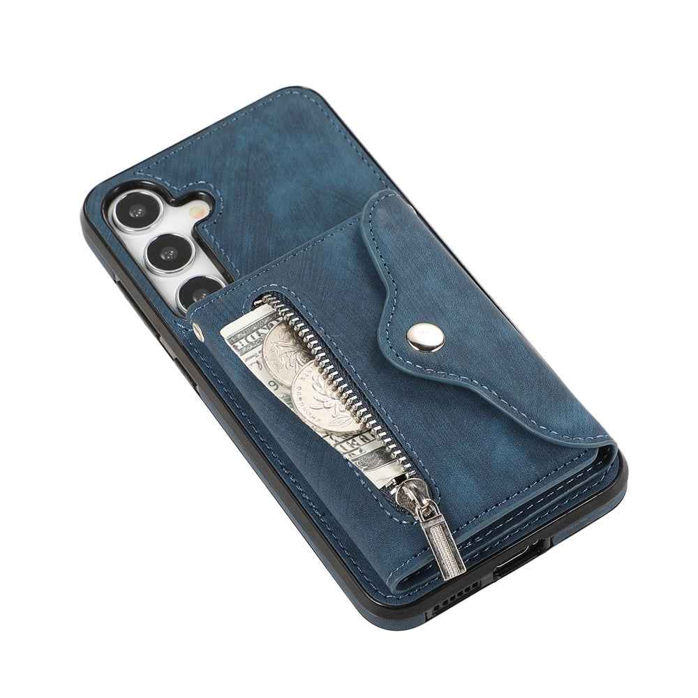 For Samsung Galaxy A57 5G Cell Phone Case PU Leather + TPU RFID Blocking Card Slots Cover with 2 Straps - Blue