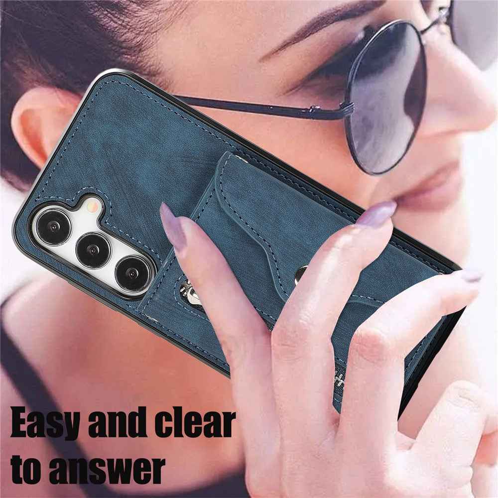 For Samsung Galaxy A57 5G Cell Phone Case PU Leather + TPU RFID Blocking Card Slots Cover with 2 Straps - Blue
