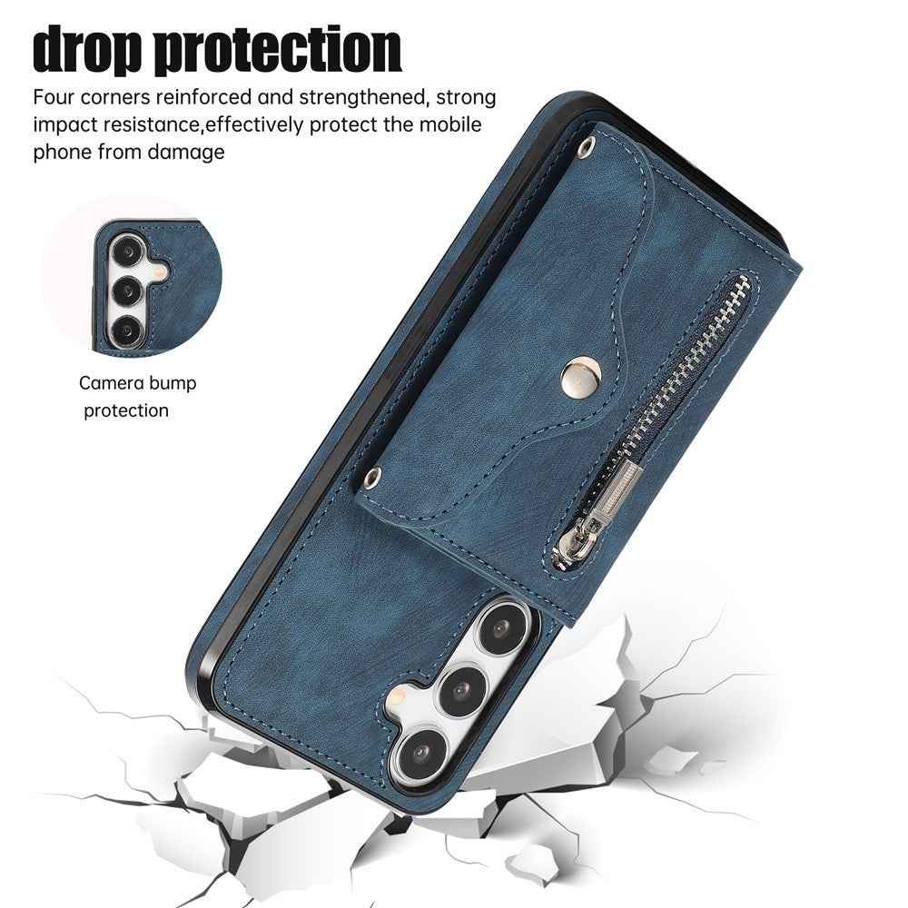 For Samsung Galaxy A57 5G Cell Phone Case PU Leather + TPU RFID Blocking Card Slots Cover with 2 Straps - Blue