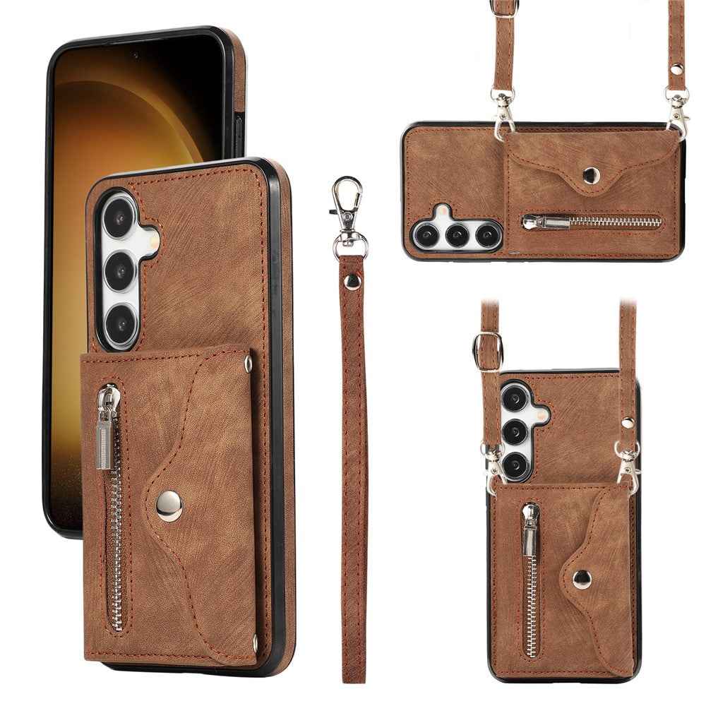 For Samsung Galaxy A57 5G Cell Phone Case PU Leather + TPU RFID Blocking Card Slots Cover with 2 Straps - Brown