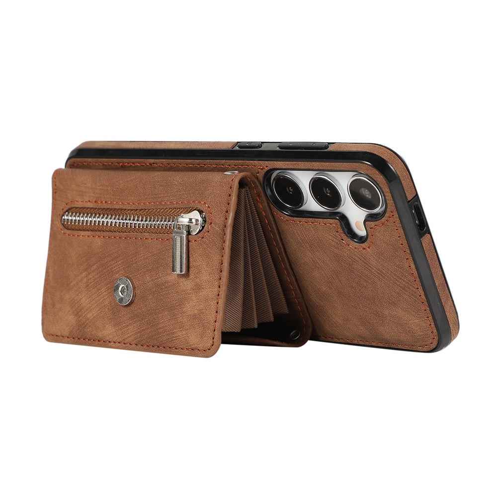 For Samsung Galaxy A57 5G Cell Phone Case PU Leather + TPU RFID Blocking Card Slots Cover with 2 Straps - Brown