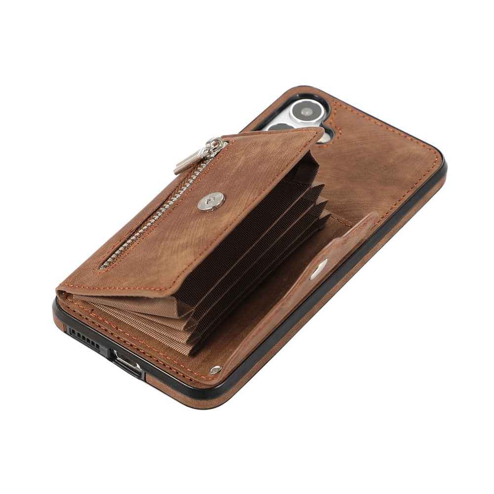 For Samsung Galaxy A57 5G Cell Phone Case PU Leather + TPU RFID Blocking Card Slots Cover with 2 Straps - Brown