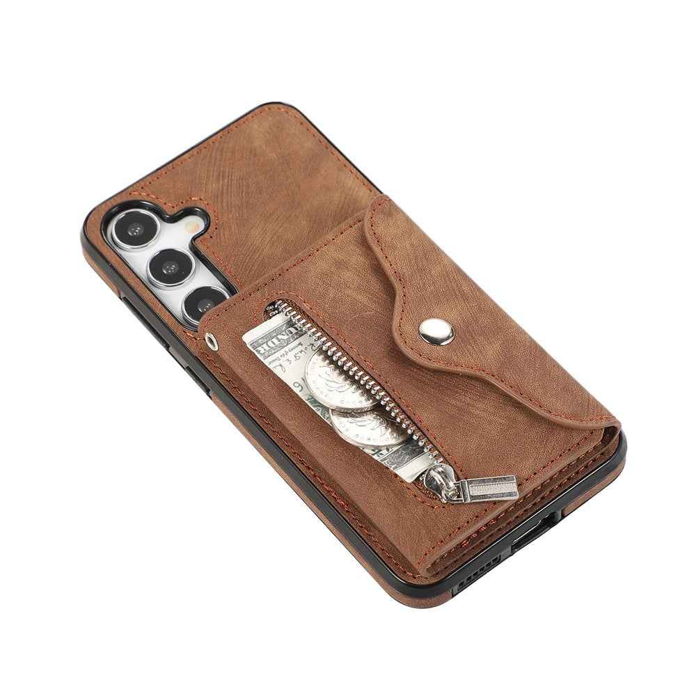 For Samsung Galaxy A57 5G Cell Phone Case PU Leather + TPU RFID Blocking Card Slots Cover with 2 Straps - Brown