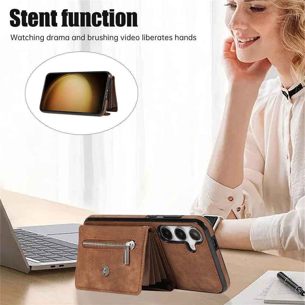 For Samsung Galaxy A57 5G Cell Phone Case PU Leather + TPU RFID Blocking Card Slots Cover with 2 Straps - Brown