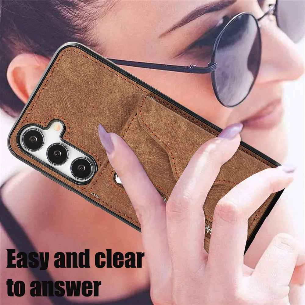 For Samsung Galaxy A57 5G Cell Phone Case PU Leather + TPU RFID Blocking Card Slots Cover with 2 Straps - Brown