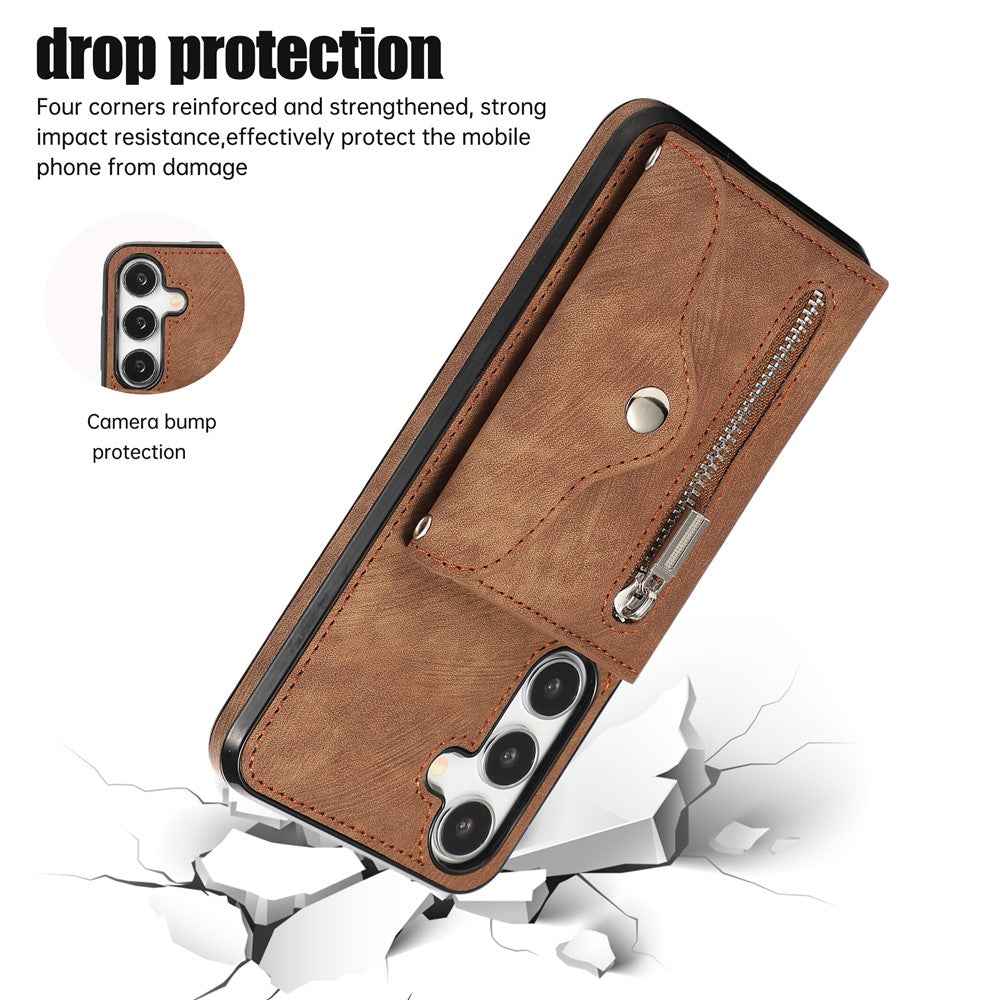 For Samsung Galaxy A57 5G Cell Phone Case PU Leather + TPU RFID Blocking Card Slots Cover with 2 Straps - Brown