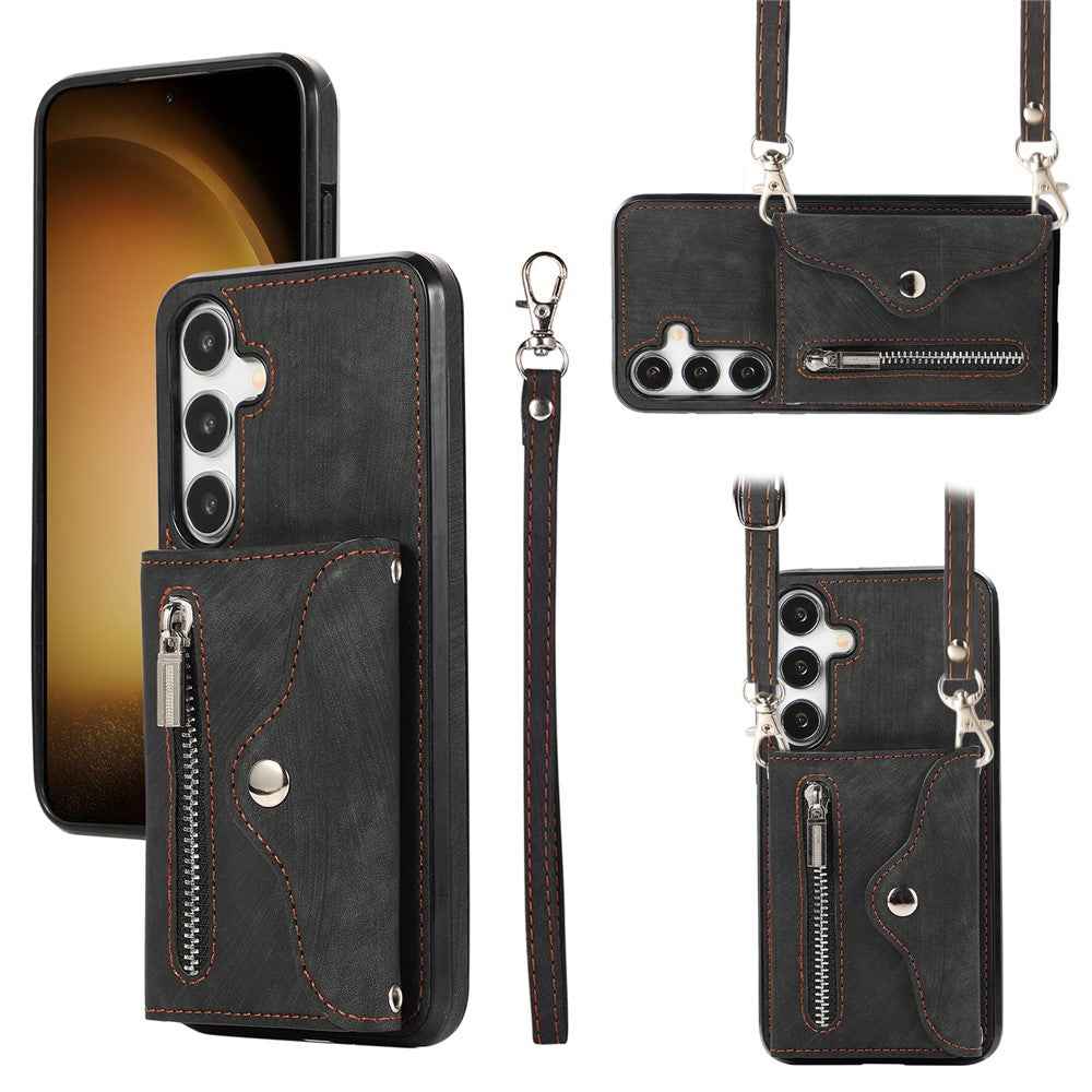 For Samsung Galaxy A57 5G Cell Phone Case PU Leather + TPU RFID Blocking Card Slots Cover with 2 Straps - Black