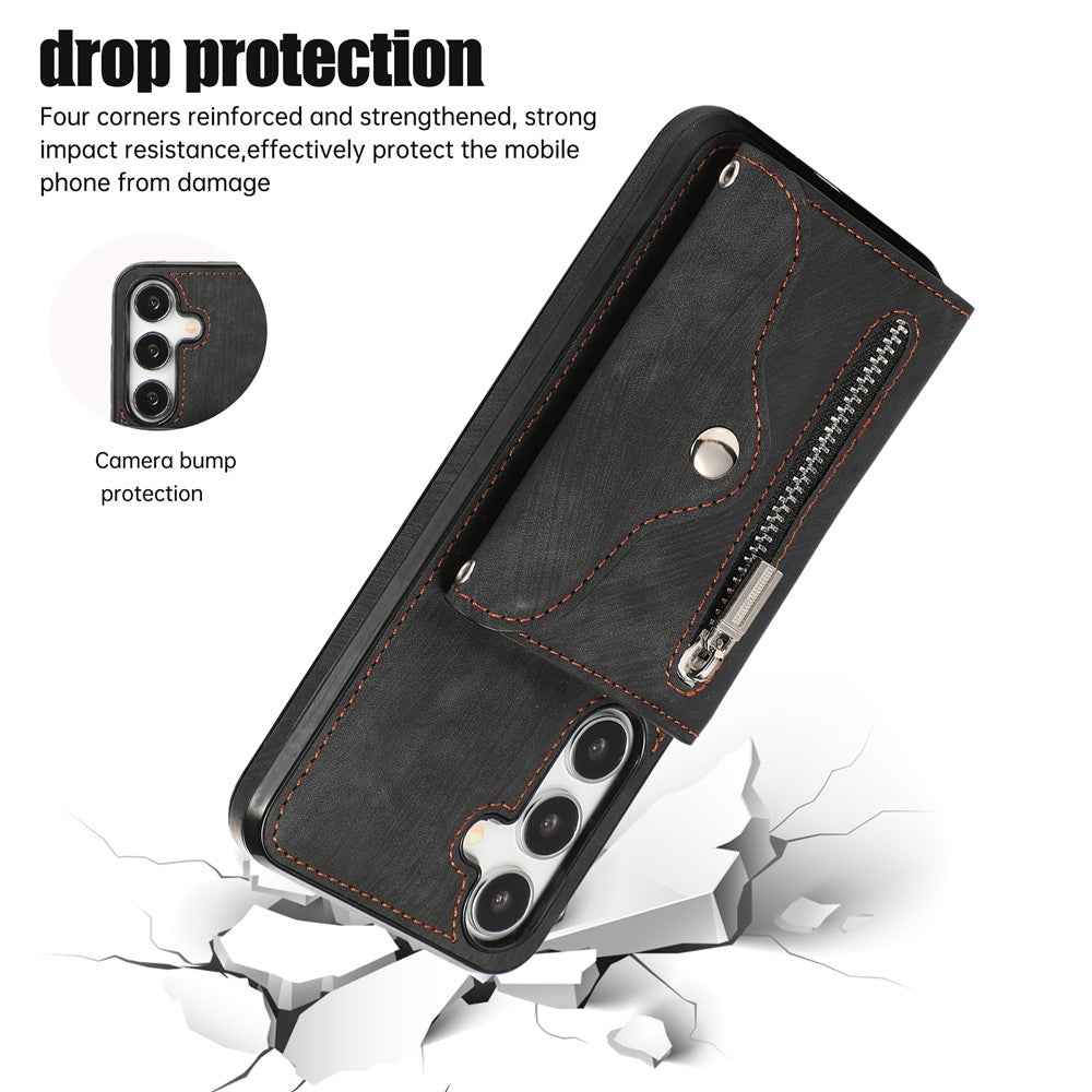 For Samsung Galaxy A57 5G Cell Phone Case PU Leather + TPU RFID Blocking Card Slots Cover with 2 Straps - Black