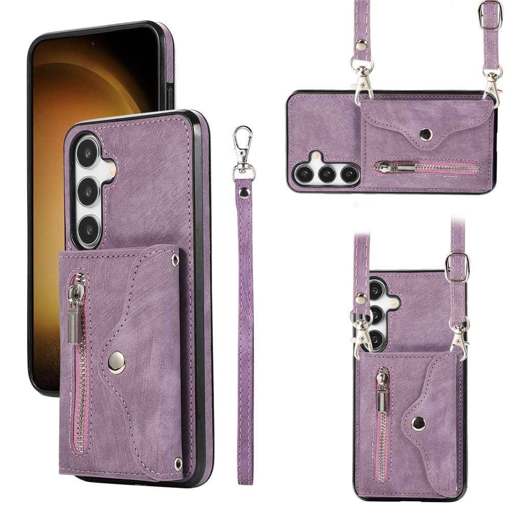 For Samsung Galaxy A57 5G Cell Phone Case PU Leather + TPU RFID Blocking Card Slots Cover with 2 Straps - Purple