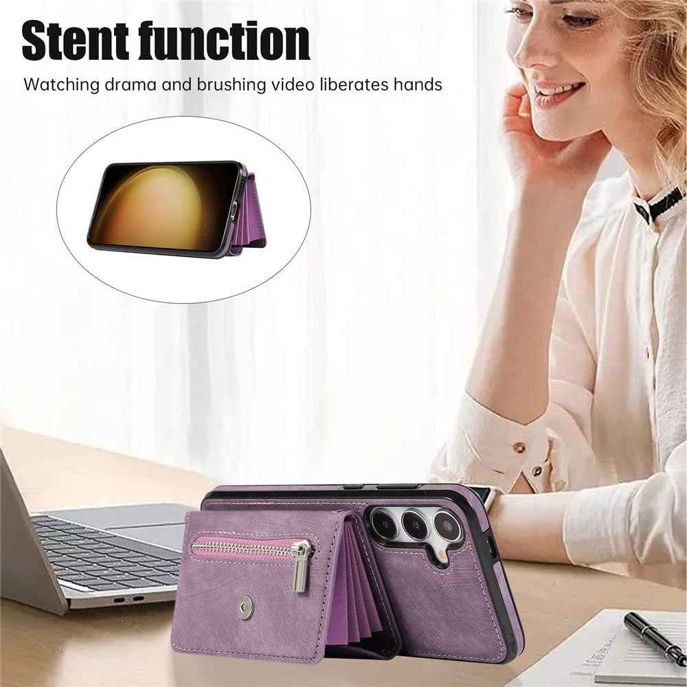 For Samsung Galaxy A57 5G Cell Phone Case PU Leather + TPU RFID Blocking Card Slots Cover with 2 Straps - Purple