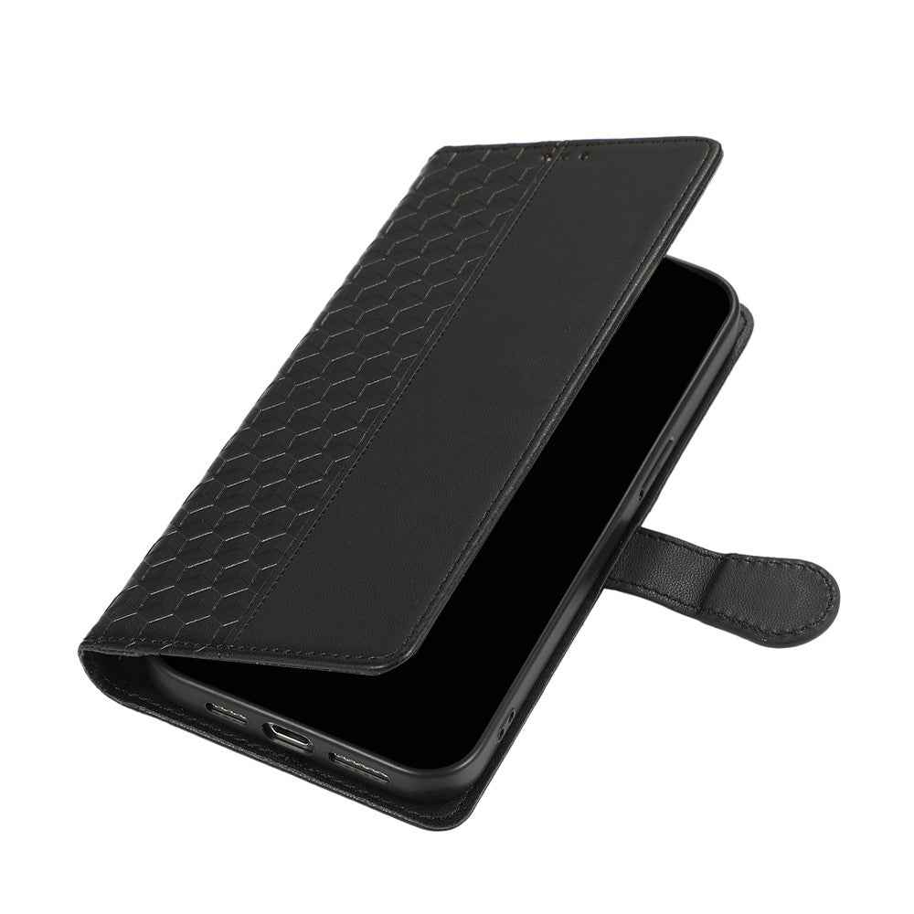 For Samsung Galaxy A57 5G Case 3D Rhombus Grid Imprinted Wallet Leather Phone Cover with Lanyard - Black