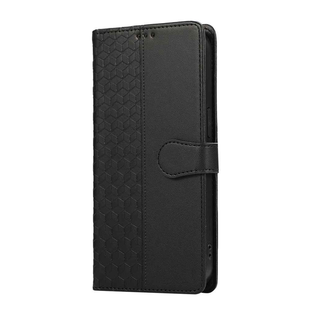 For Samsung Galaxy A57 5G Case 3D Rhombus Grid Imprinted Wallet Leather Phone Cover with Lanyard - Black