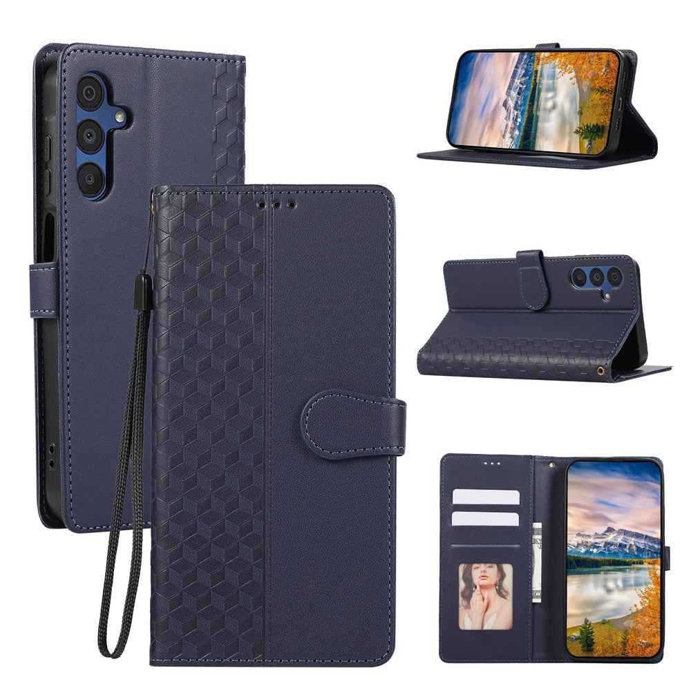 For Samsung Galaxy A57 5G Case 3D Rhombus Grid Imprinted Wallet Leather Phone Cover with Lanyard - Blue