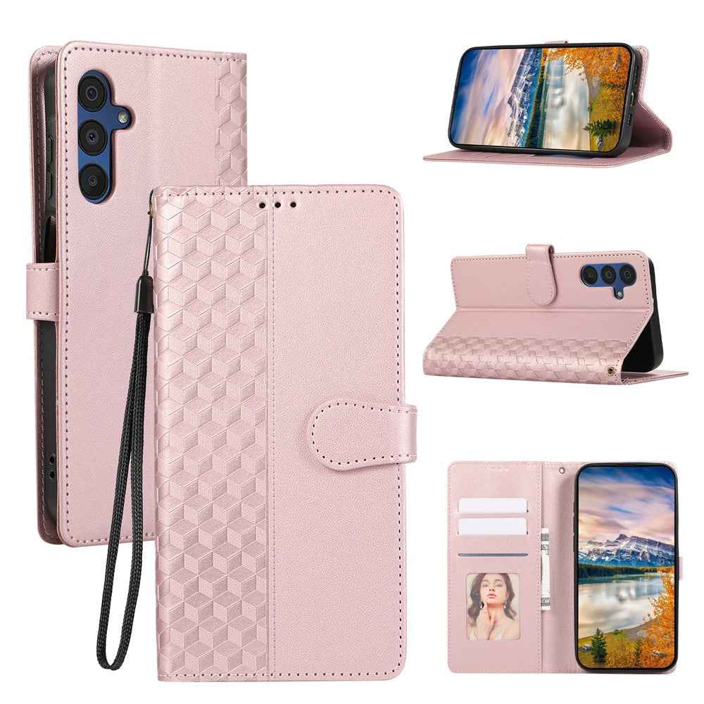 For Samsung Galaxy A57 5G Case 3D Rhombus Grid Imprinted Wallet Leather Phone Cover with Lanyard - Rose Gold