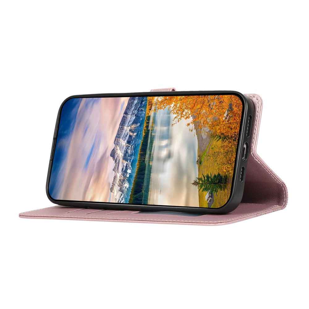 For Samsung Galaxy A57 5G Case 3D Rhombus Grid Imprinted Wallet Leather Phone Cover with Lanyard - Rose Gold