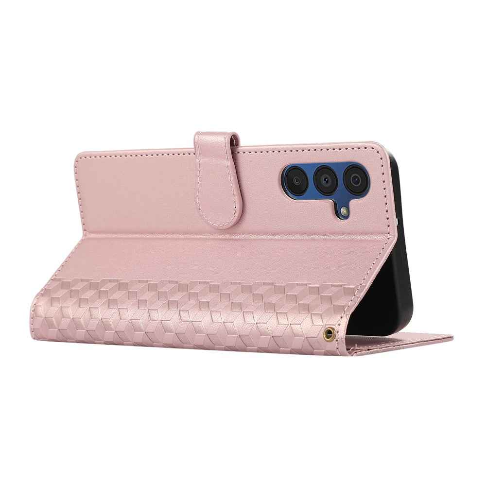 For Samsung Galaxy A57 5G Case 3D Rhombus Grid Imprinted Wallet Leather Phone Cover with Lanyard - Rose Gold