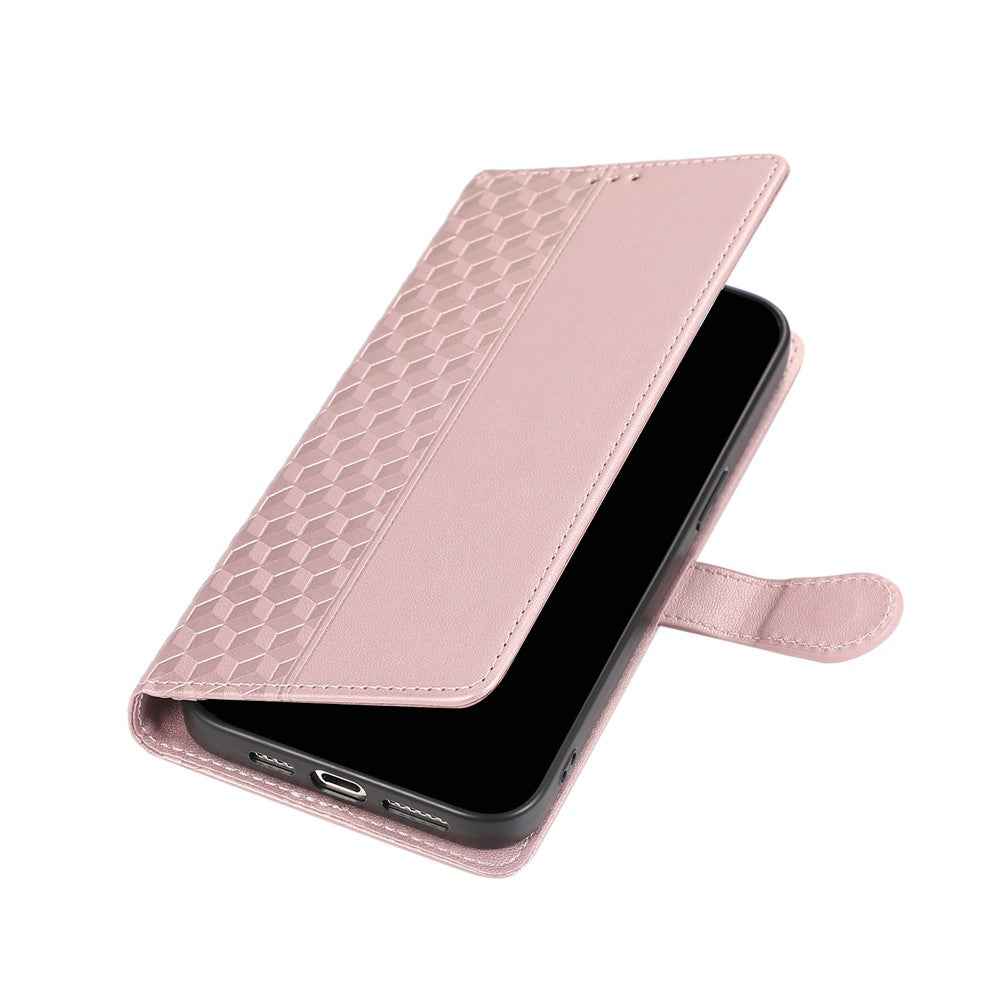 For Samsung Galaxy A57 5G Case 3D Rhombus Grid Imprinted Wallet Leather Phone Cover with Lanyard - Rose Gold