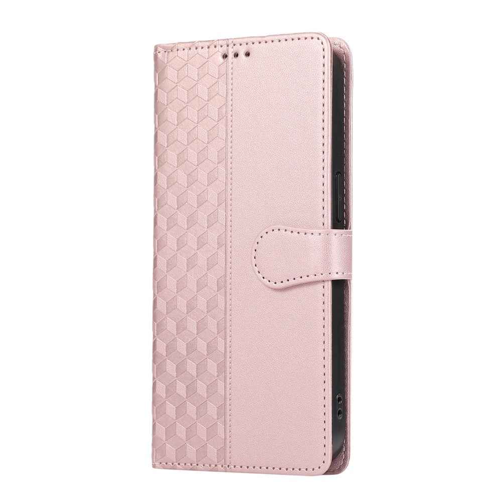 For Samsung Galaxy A57 5G Case 3D Rhombus Grid Imprinted Wallet Leather Phone Cover with Lanyard - Rose Gold