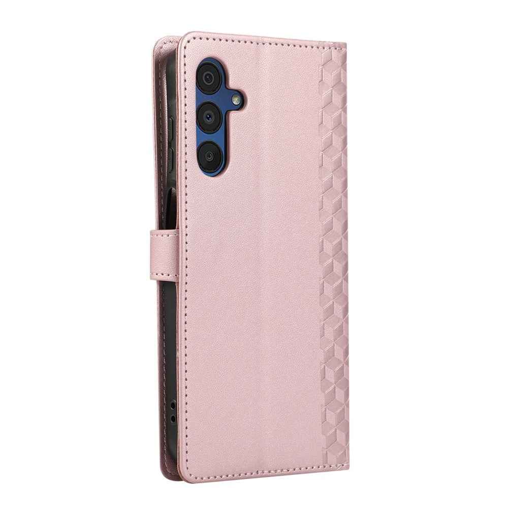 For Samsung Galaxy A57 5G Case 3D Rhombus Grid Imprinted Wallet Leather Phone Cover with Lanyard - Rose Gold