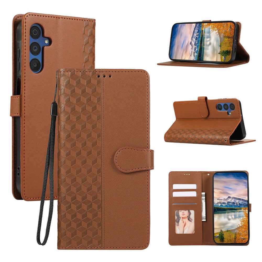 For Samsung Galaxy A57 5G Case 3D Rhombus Grid Imprinted Wallet Leather Phone Cover with Lanyard - Brown