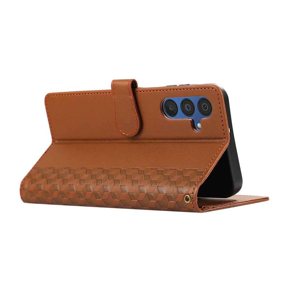 For Samsung Galaxy A57 5G Case 3D Rhombus Grid Imprinted Wallet Leather Phone Cover with Lanyard - Brown