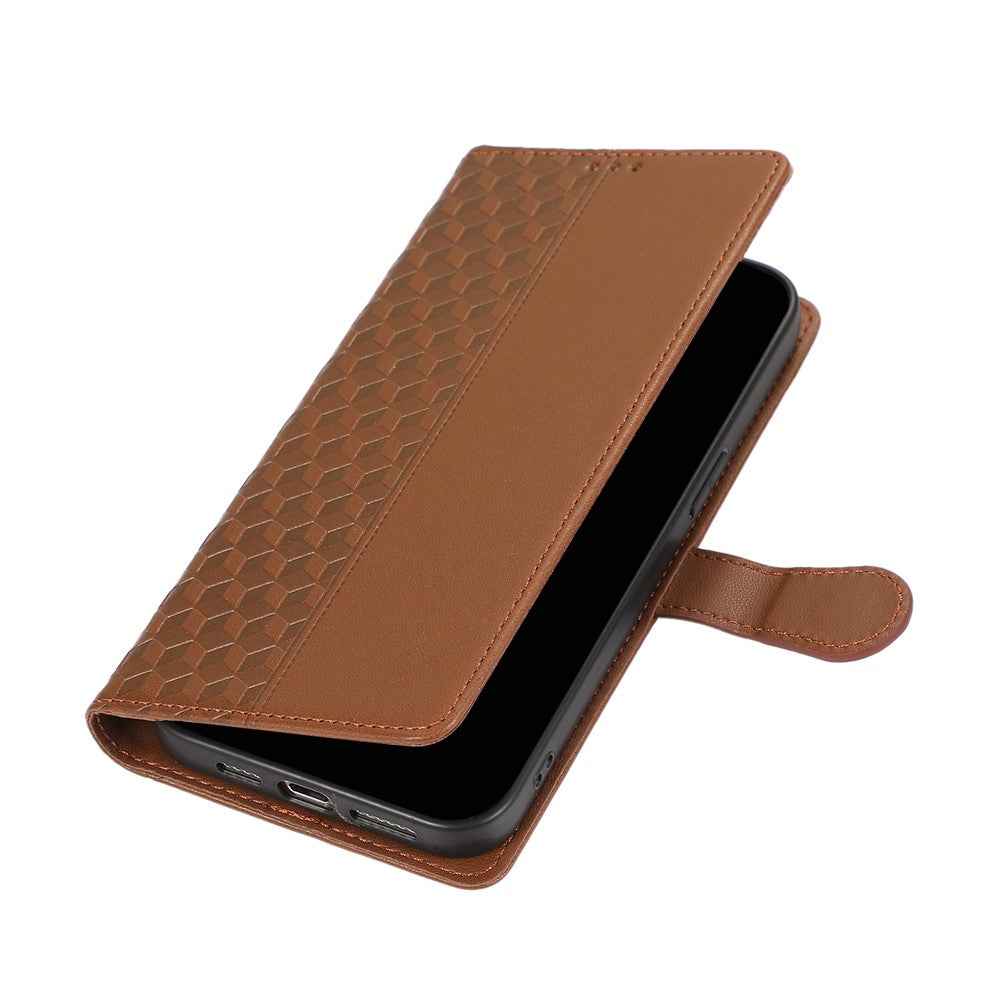 For Samsung Galaxy A57 5G Case 3D Rhombus Grid Imprinted Wallet Leather Phone Cover with Lanyard - Brown