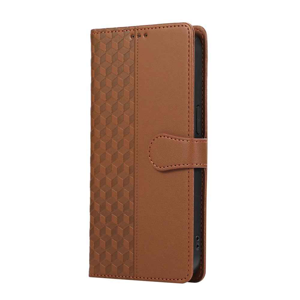 For Samsung Galaxy A57 5G Case 3D Rhombus Grid Imprinted Wallet Leather Phone Cover with Lanyard - Brown