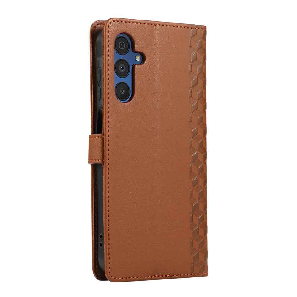 For Samsung Galaxy A57 5G Case 3D Rhombus Grid Imprinted Wallet Leather Phone Cover with Lanyard - Brown