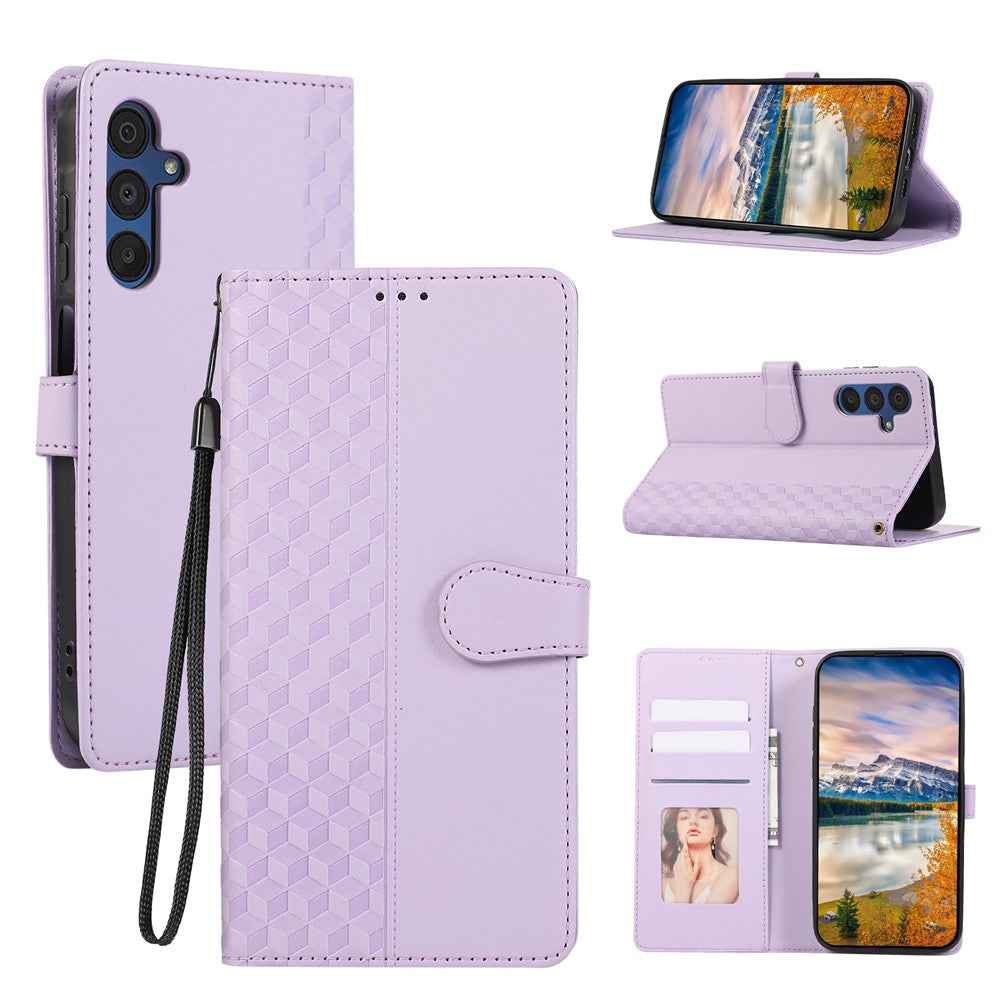 For Samsung Galaxy A57 5G Case 3D Rhombus Grid Imprinted Wallet Leather Phone Cover with Lanyard - Purple