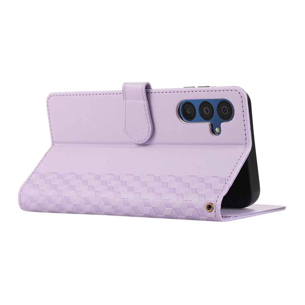 For Samsung Galaxy A57 5G Case 3D Rhombus Grid Imprinted Wallet Leather Phone Cover with Lanyard - Purple
